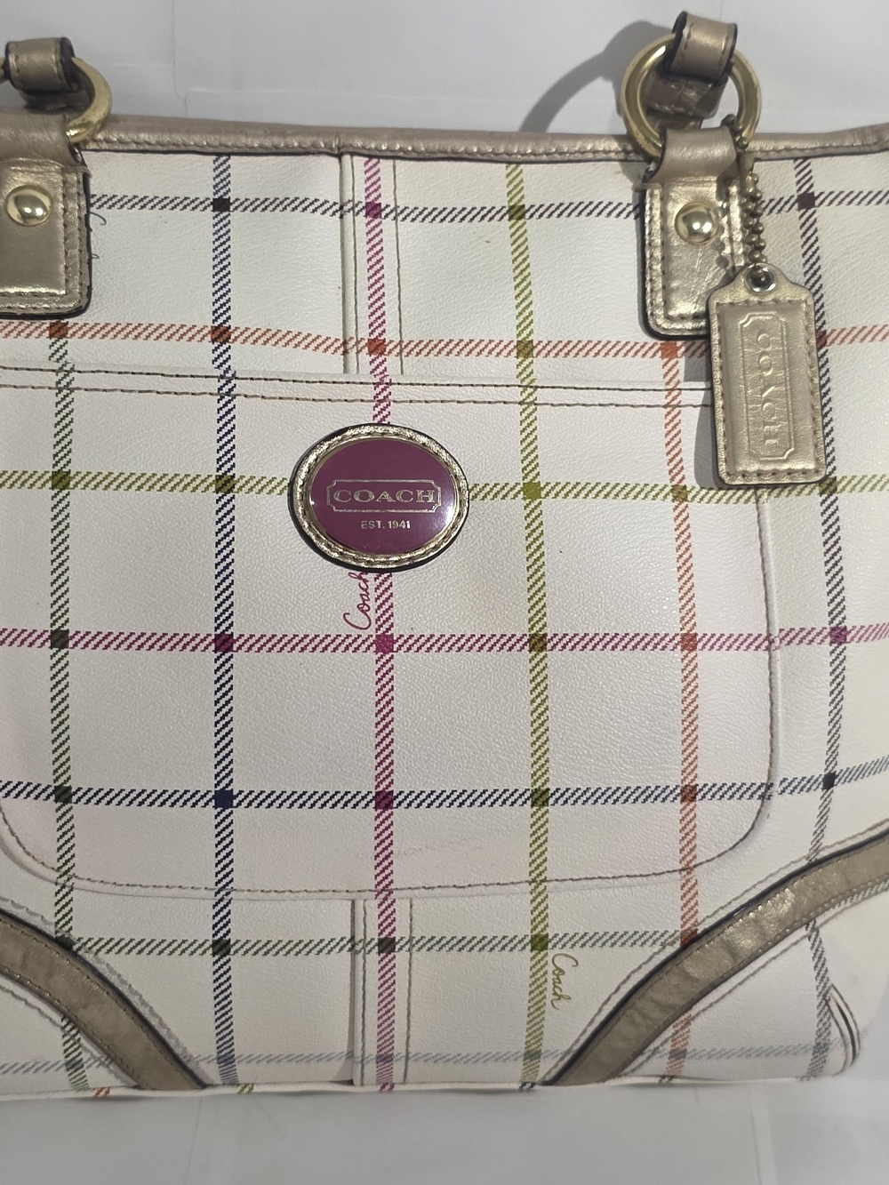 COACH Multicolor Plaid Tote - Cream with Rainbow Stripes